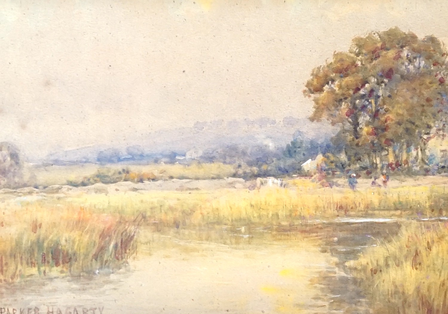 Parker Hagarty (1854-1934), watercolour, River landscape, signed, 25 x 34cm, and two watercolours, a still life of fruit and a study of doves by Edith Cottam (Exh.1886-1892), signed and dated 1892, 32 x 46cm